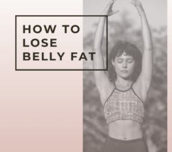 Image of woman in gym kit, on gradient pink background saying "how to loose belly fat"