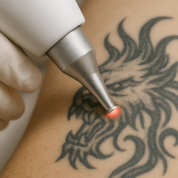 Close-up of a laser tattoo removal procedure, showing a handheld laser device targeting a black tattoo on a patient’s skin. The red laser light is visibly breaking down the ink, with the practitioner's gloved hands carefully guiding the treatment in a professional clinic setting.