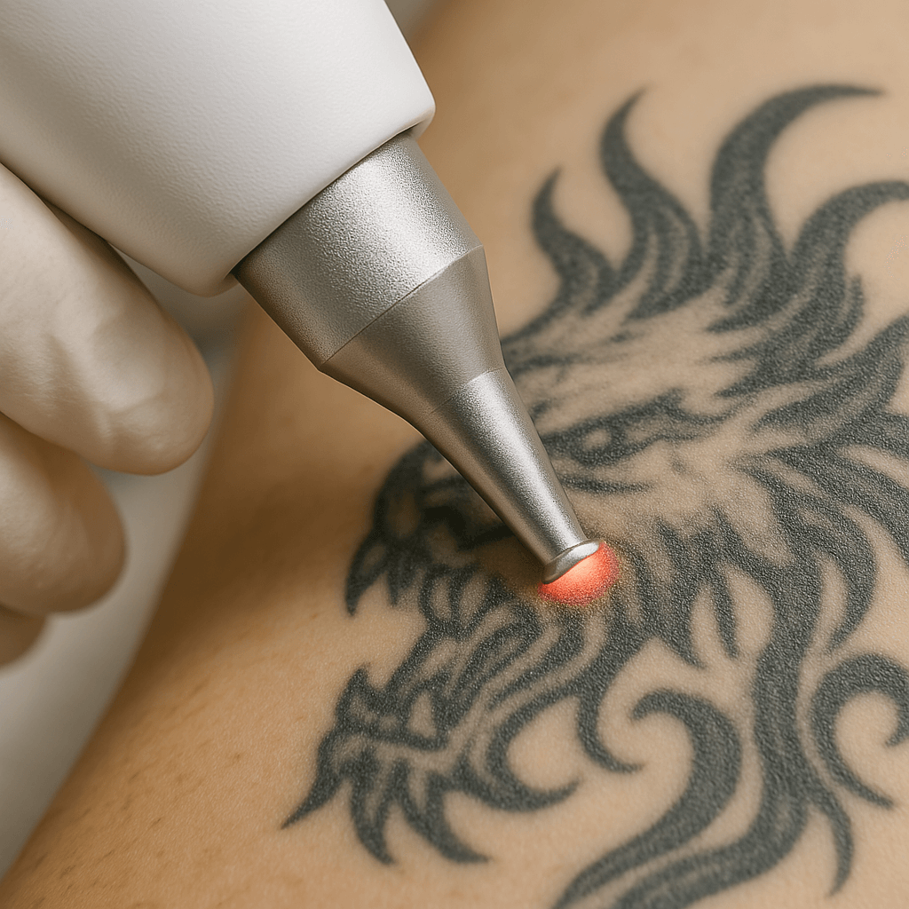 Close-up of a laser tattoo removal procedure, showing a handheld laser device targeting a black tattoo on a patient’s skin. The red laser light is visibly breaking down the ink, with the practitioner's gloved hands carefully guiding the treatment in a professional clinic setting.